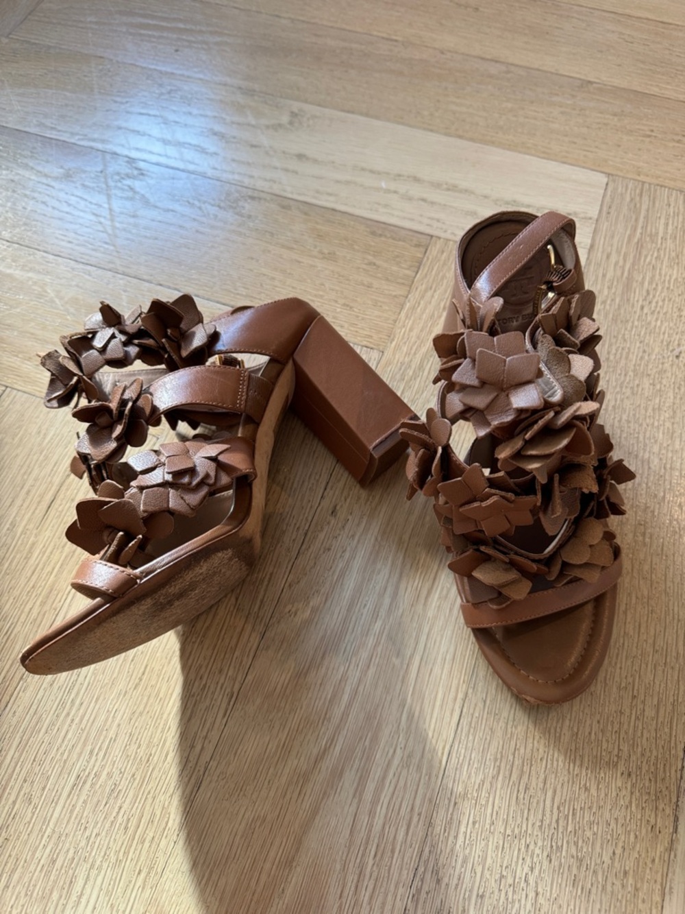 Tory Burch Brown Floral Leather Block Heel Sandals